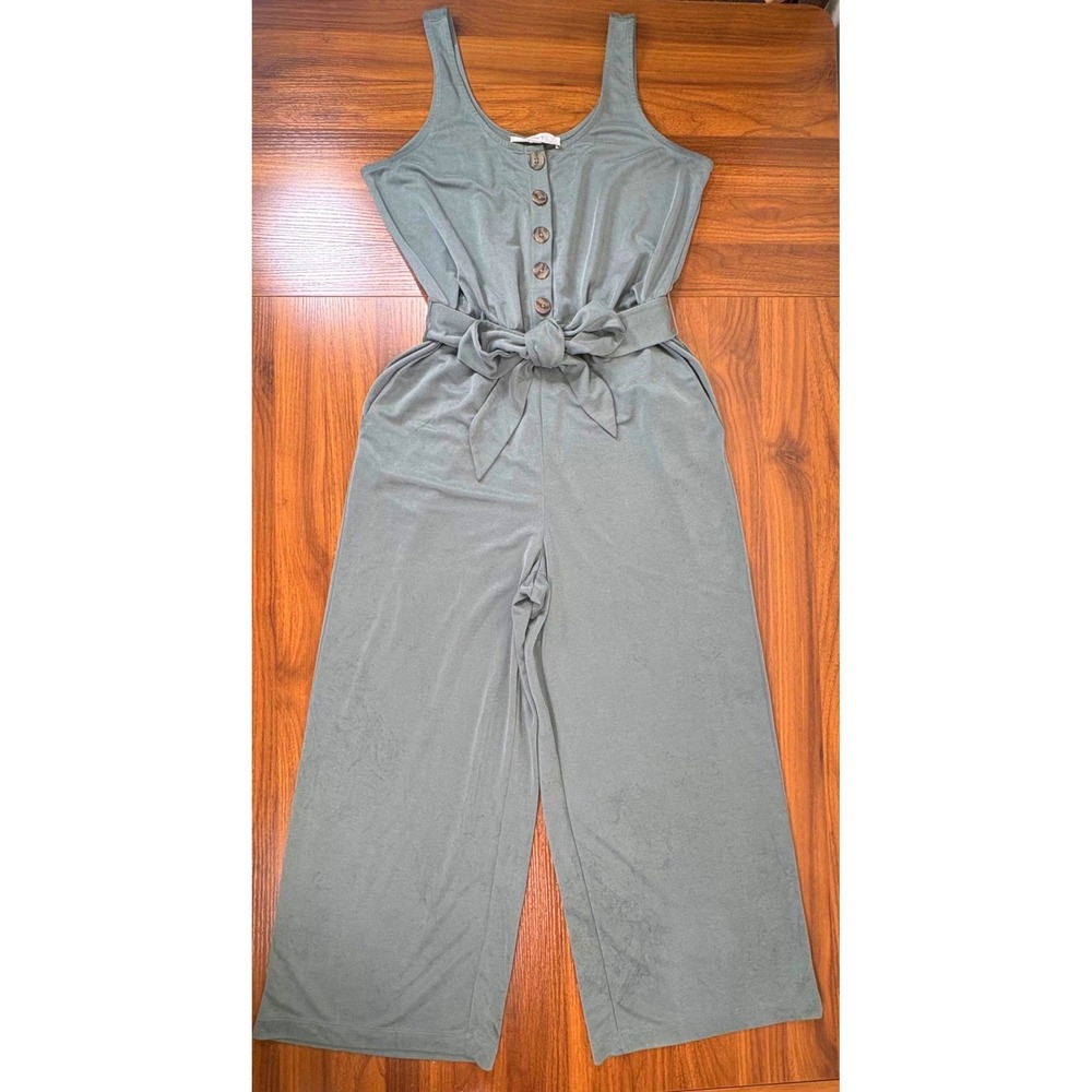 LOFT Womens Sage Green Wide Leg Crop Jumpsuit Sleeveless Button Tie Waist Small